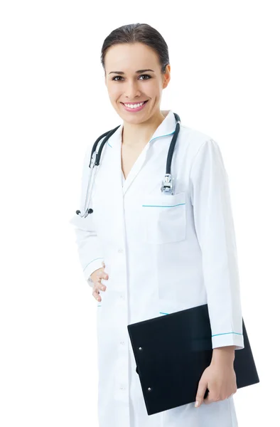 Médico ou enfermeiro com área de transferência, sobre branco — Fotografia de Stock