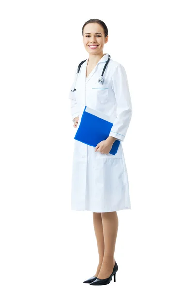 Full body portrait of female doctor or nurse with blue folder, i Stock Photo