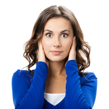 Woman covering with hands her ears, isolated clipart