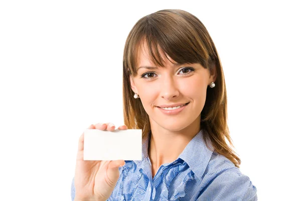 Feliz mujer de negocios sonriente con tarjeta de visita en blanco — Foto de Stock