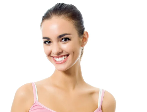 Unga glada leende kvinna, isolerade över vit bakgrund — Stockfoto