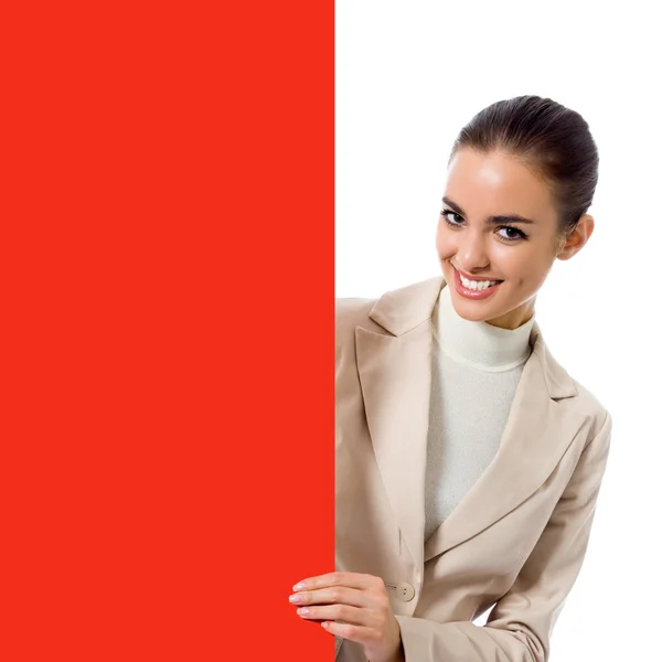 Geschäftsfrau mit rotem Schild, auf weißem — Stockfoto