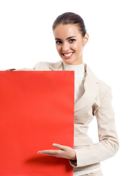 Femme d'affaires debout avec panneau rouge, sur blanc — Photo