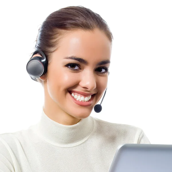 Customer support phone operator with laptop, isolated — Stock Photo, Image