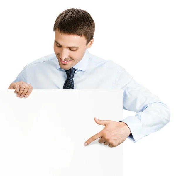 Businessman showing signboard, on white — Stock Photo, Image