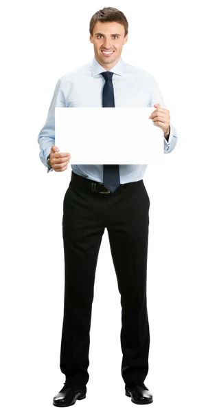 Empresário mostrando tabuleta em branco, isolado — Fotografia de Stock