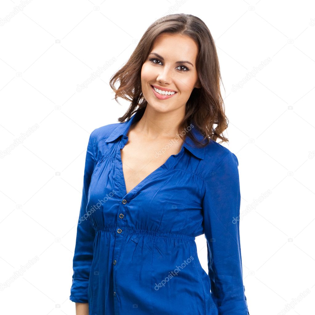 Full body of happy businesswoman, on white