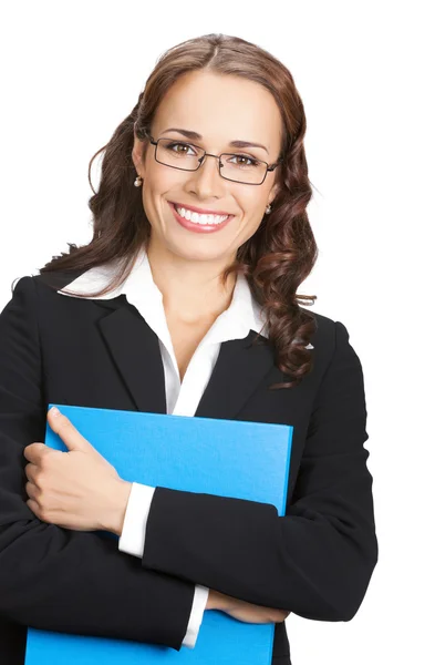 Femme d'affaires souriante avec dossier bleu, sur blanc — Photo