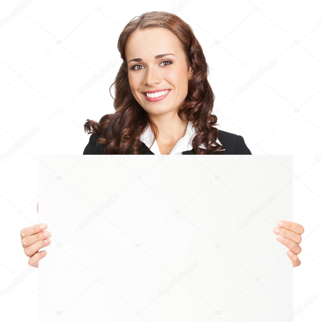 Businesswoman showing blank signboard, on white