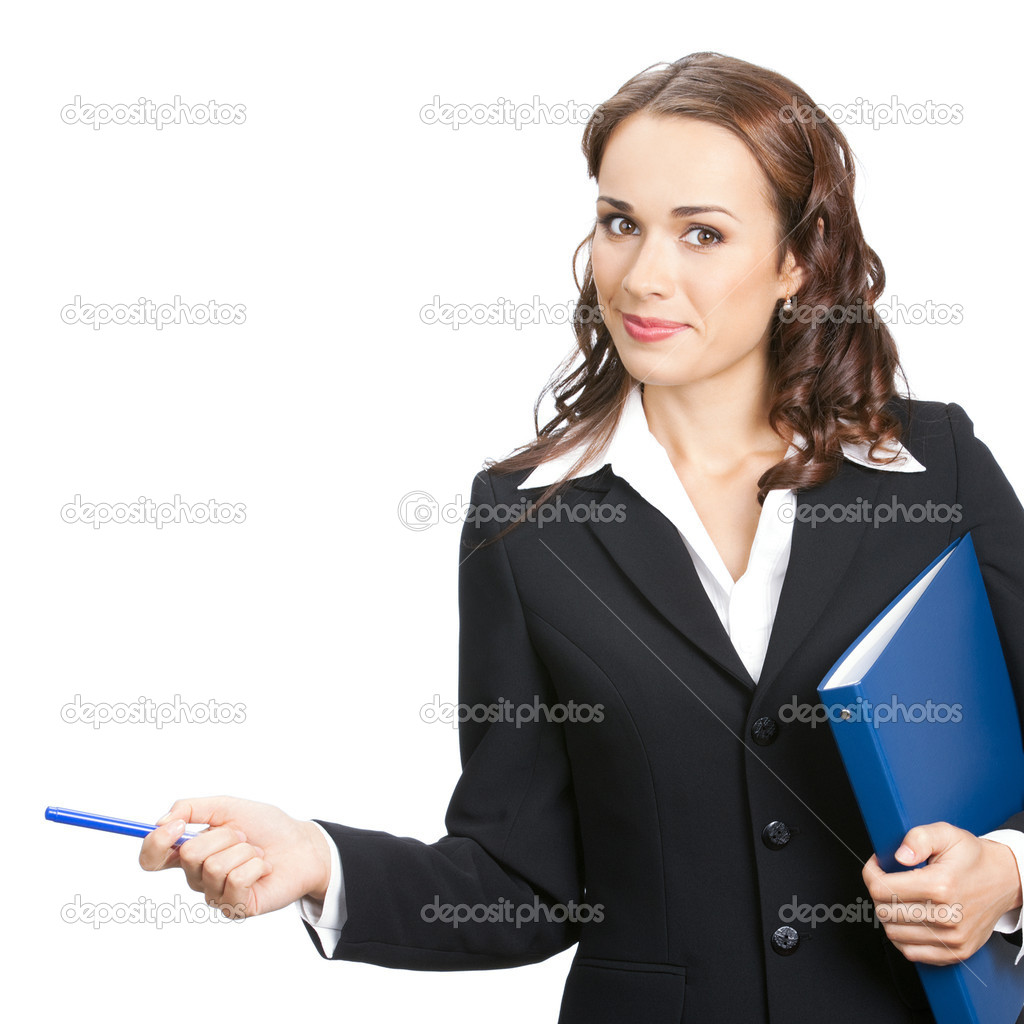 Businesswoman showing, isolated on white