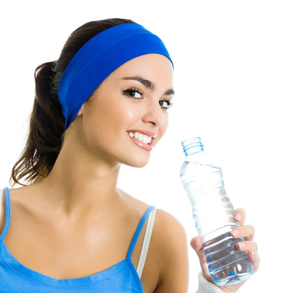 Frau in Fitnessbekleidung mit Wasser, über weiß — Stockfoto