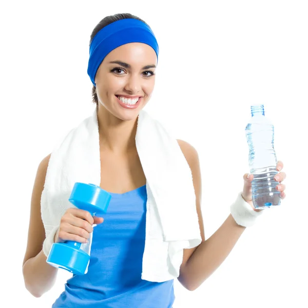 Woman with dumbbell and water, isolated — Stock Photo, Image