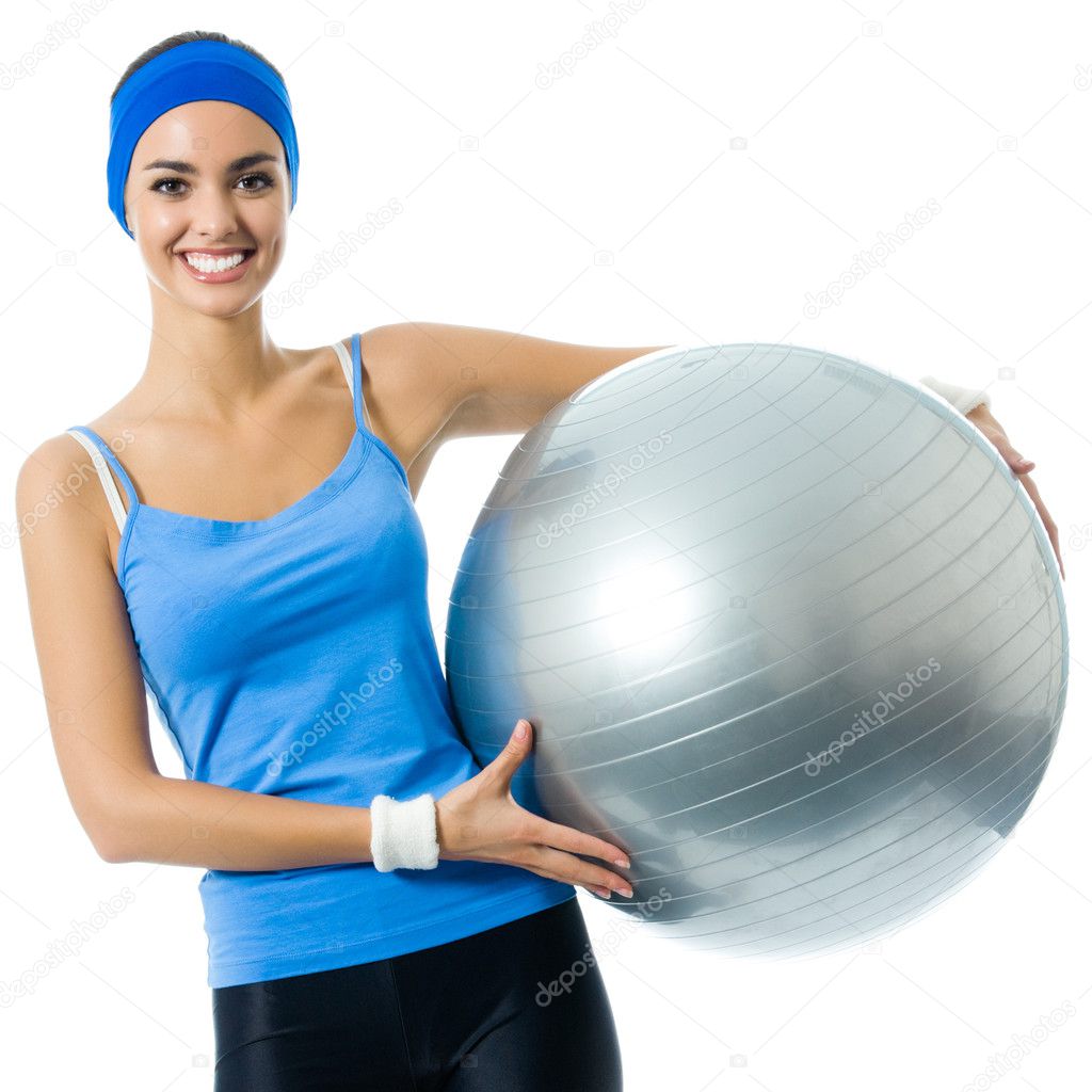 Cheerful smiling woman with fitball, over white