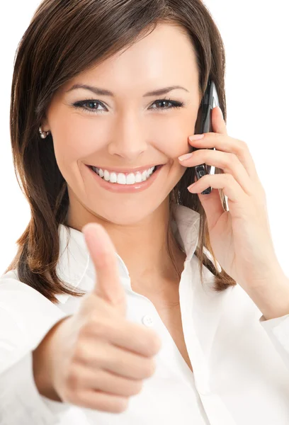 Feliz sorridente bem sucedido empresária com telefone celular e polegar — Fotografia de Stock