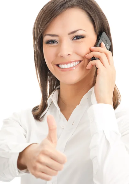 Feliz sorridente bem sucedido empresária com telefone celular e polegar — Fotografia de Stock