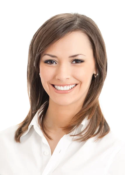 Retrato de joven feliz mujer de negocios sonriente, aislado en blanco — Foto de Stock