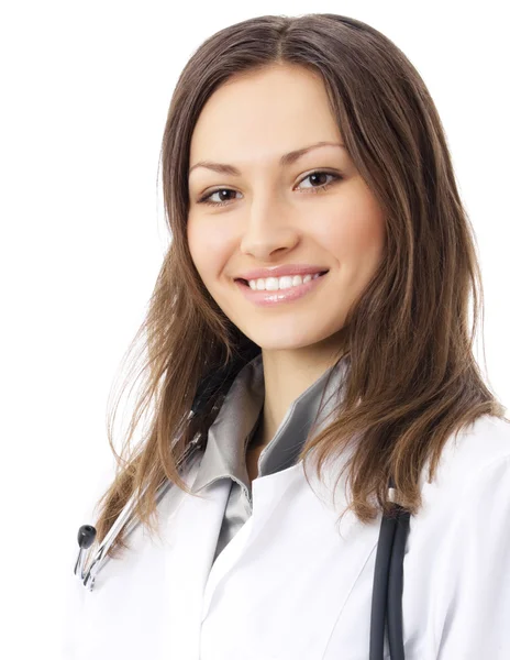 Feliz doctora sonriente, sobre blanco — Foto de Stock