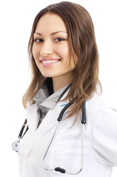 Feliz doctora sonriente, sobre blanco — Foto de Stock