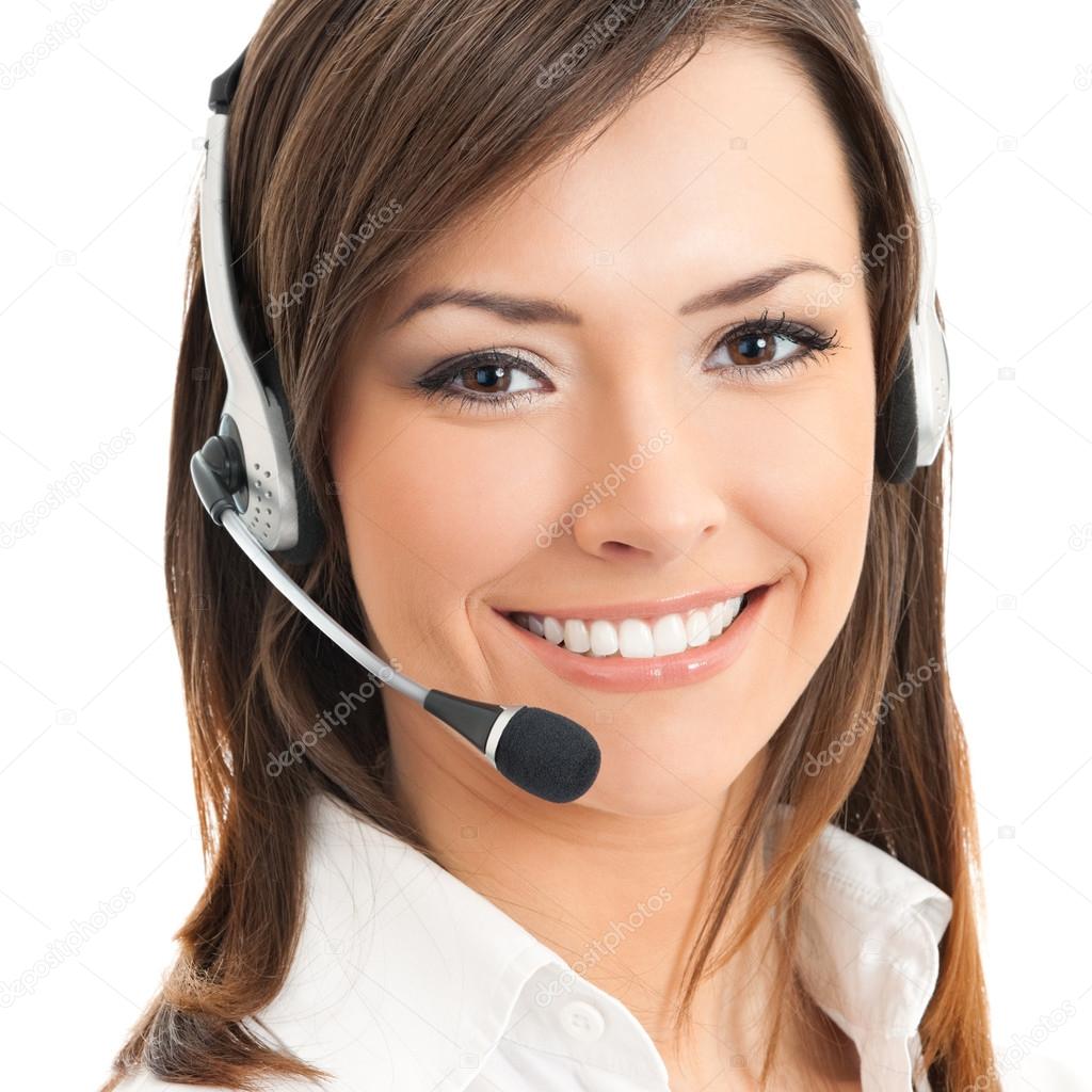 Portrait of happy smiling cheerful support phone operator in hea