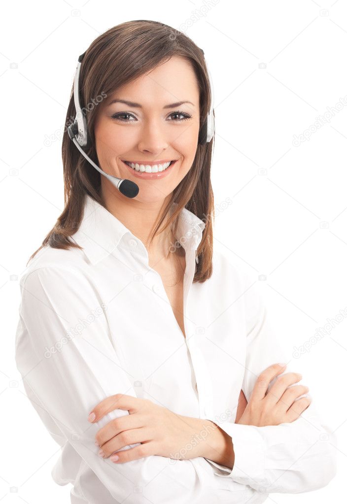 Support phone operator in headset, isolated on white