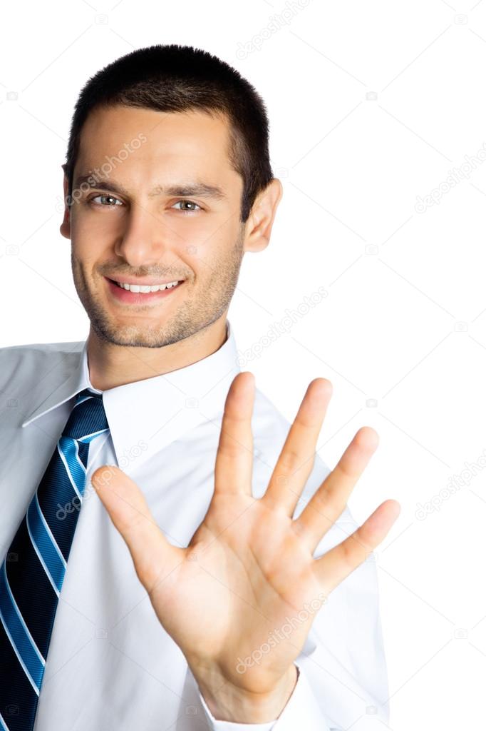 Businessman showing five fingers, isolated