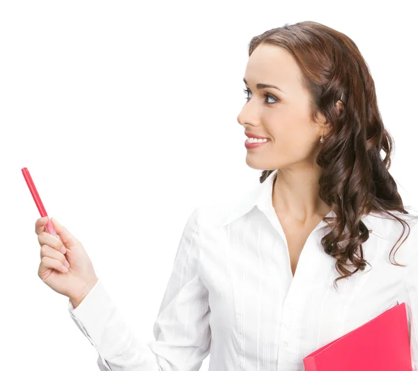 Mujer de negocios mostrando, aislado en blanco — Foto de Stock