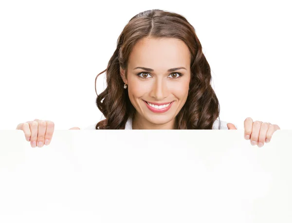 Businesswoman showing blank signboard, on white — Stock Photo, Image