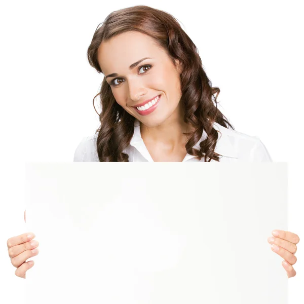 显示空白的招牌，在白色的女商人 免版税图库照片