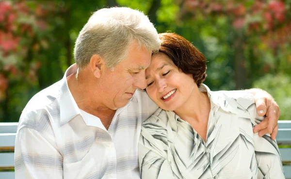 Senior gelukkige paar omarmen, buitenshuis — Stockfoto