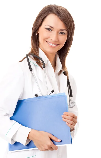 Medico allegro con cartella blu, su bianco — Foto Stock