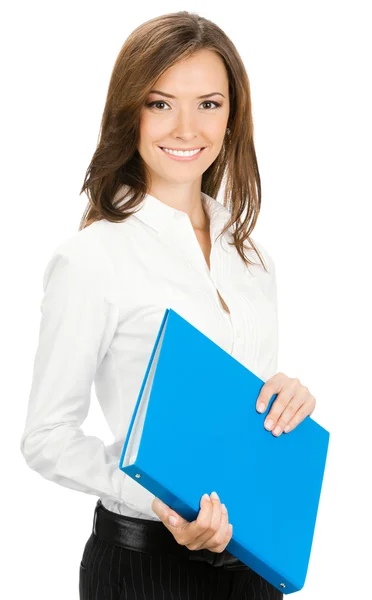 Empresária sorridente com pasta azul, isolada — Fotografia de Stock