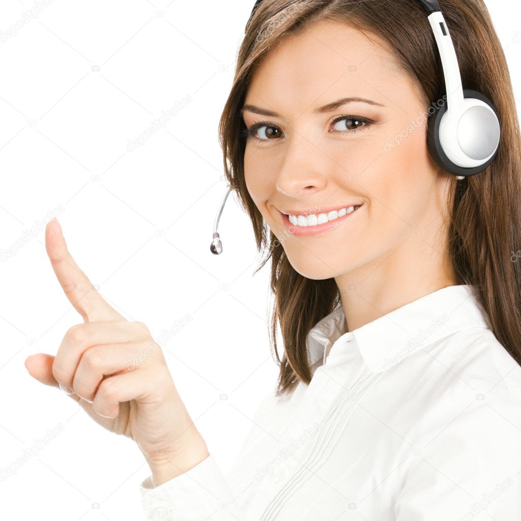 Customer support phone operator in headset pointing