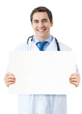 Beyaz arka plan üzerinde izole şırınga ile mutlu doktor