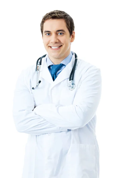 Retrato de médico sorridente feliz, isolado em fundo branco — Fotografia de Stock