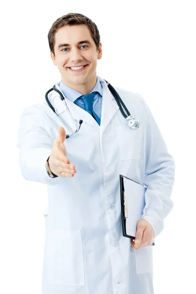 Szczęśliwy uśmiechający się wesoły lekarz podając rękę do uzgadniania, isola — Zdjęcie stockowe