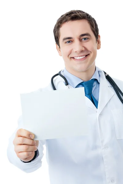 Lekarz z szyld, na białym tle — Zdjęcie stockowe