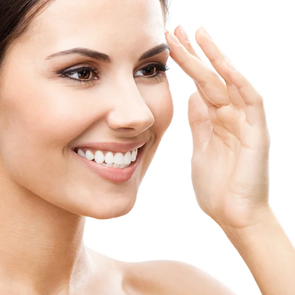 Woman touching skin or applying cream, isolated — Stock Photo, Image