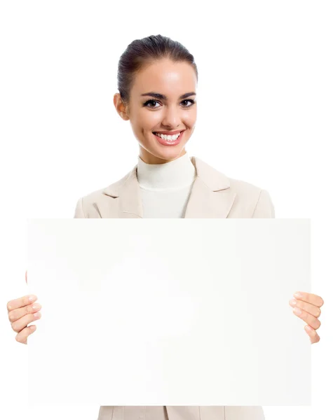 Επιχειρηματίας δείχνει κενό πινακίδα, σε λευκό — Φωτογραφία Αρχείου