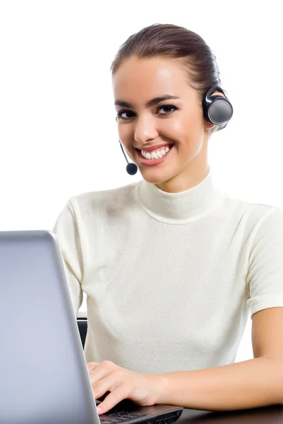 Customer support phone operator with laptop, isolated — Stock Photo, Image