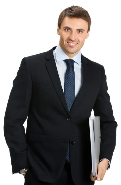 Uomo d'affari con cartella, su bianco — Foto Stock
