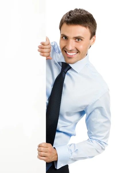 Businessman showing signboard, on white — Stock Photo, Image