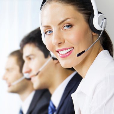 Three support phone operators at workplace clipart