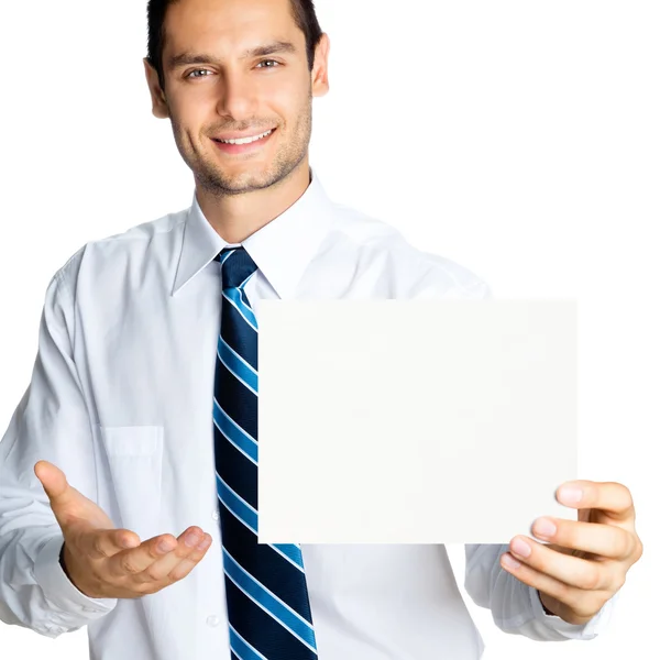 Щасливий бізнесмен, що показує вивіску, ізольований — стокове фото