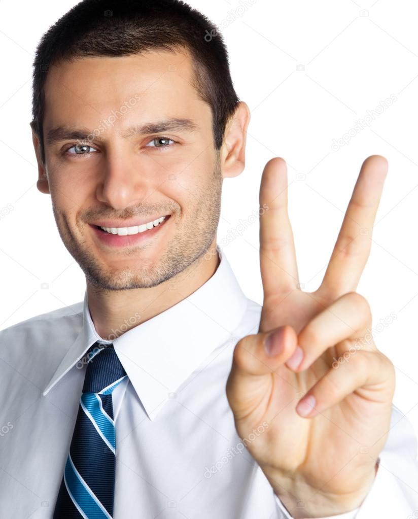 Happy businessman showing two fingers, isolated