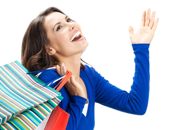 Alışveriş torbaları, izole olan mutlu kadın — Stok fotoğraf
