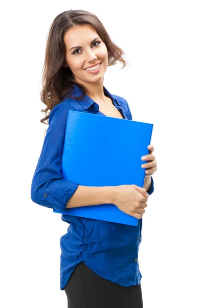 Imprenditrice con cartella blu, isolata — Foto Stock