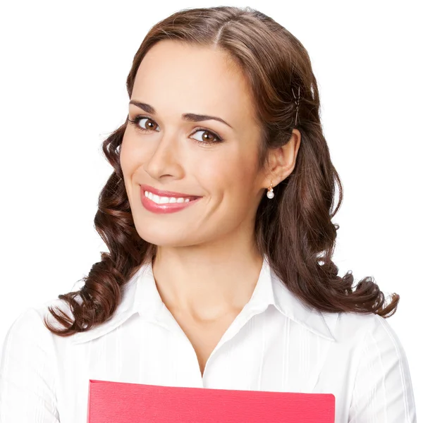 Smiling businesswoman with red folder, on white — Stock Photo, Image