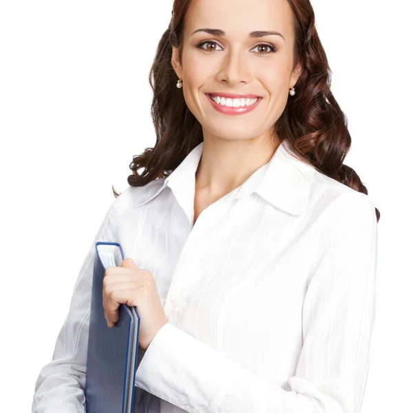 Empresária sorridente com pasta azul, em branco — Fotografia de Stock