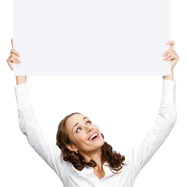 Happy businesswoman showing blank signboard — Stock Photo, Image