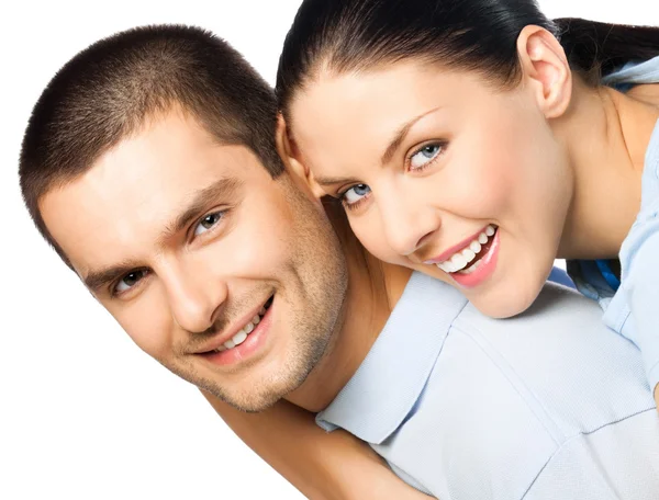 Retrato de jovem feliz sorrindo casal atraente, isolado em w — Fotografia de Stock